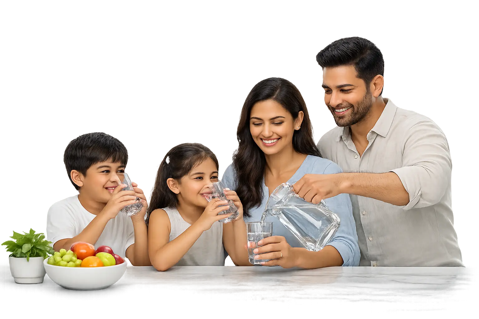 Happy family drinking pure water